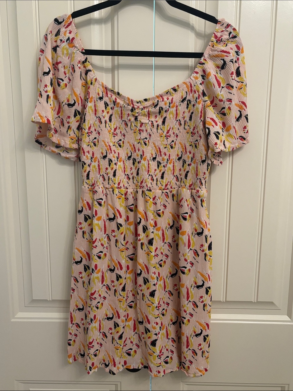 Market & Spruce Smocked Pink Floral Mini Dress with Flutter Sleeves